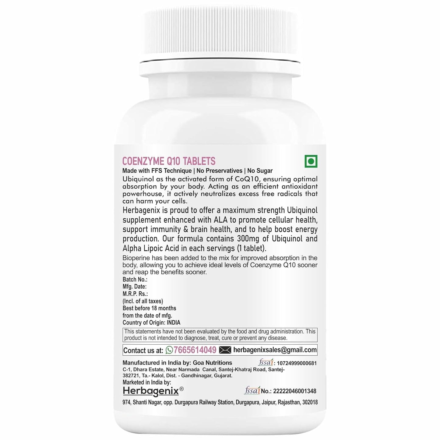 HERBAGENIX Coq10 Coenzyme Q10 300mg 60 No Sugar Veg Tablets