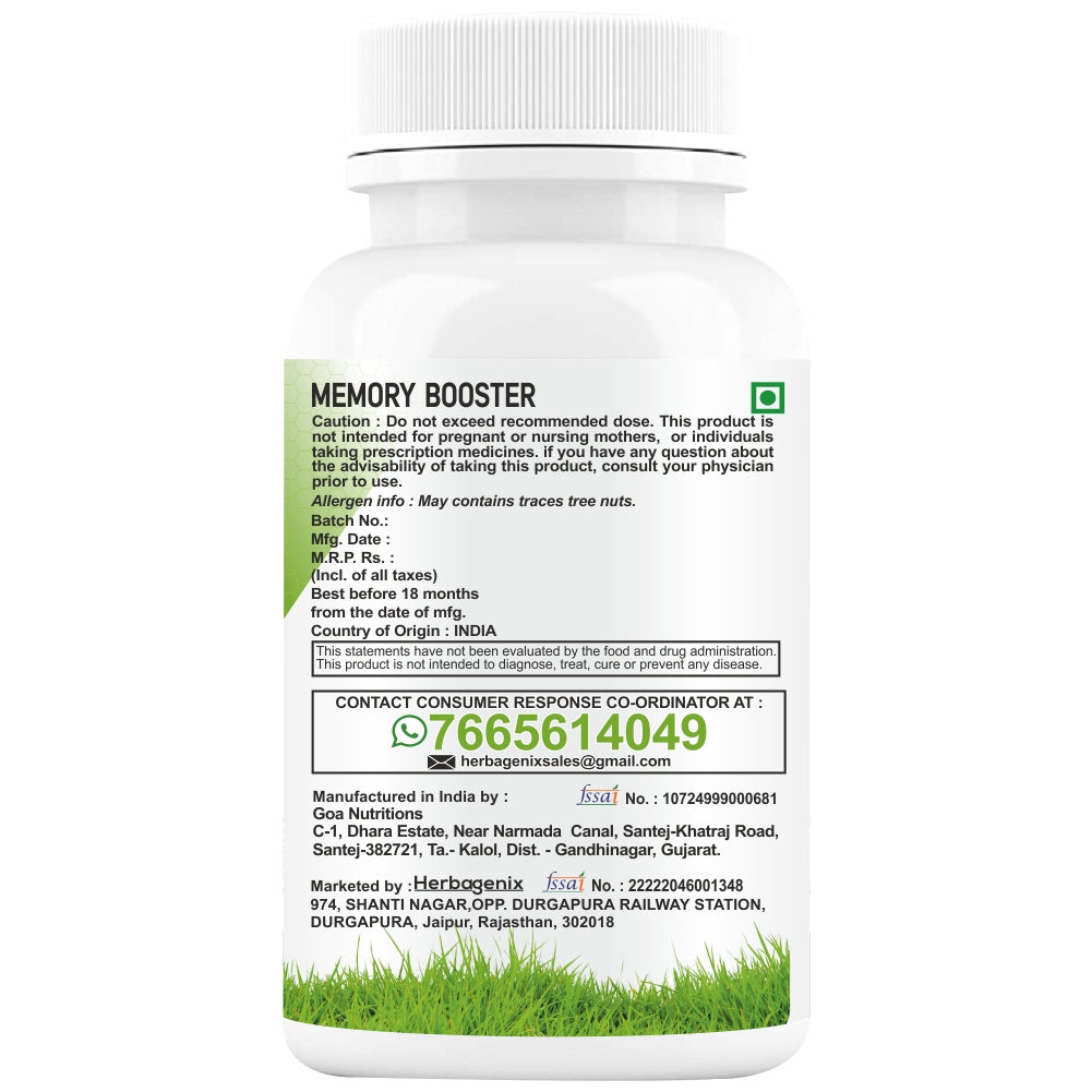 HERBAGENIX Brain Booster Tablet With Concentration Supplement, 60 Veg Tablets