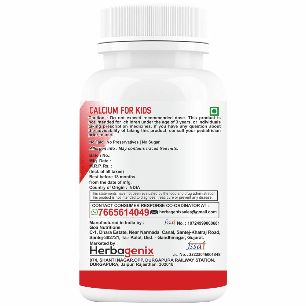 HERBAGENIX Calcium Tablet Kids With Vitamin C Bone Health, Boost Immunity-60 Chewable Tablets