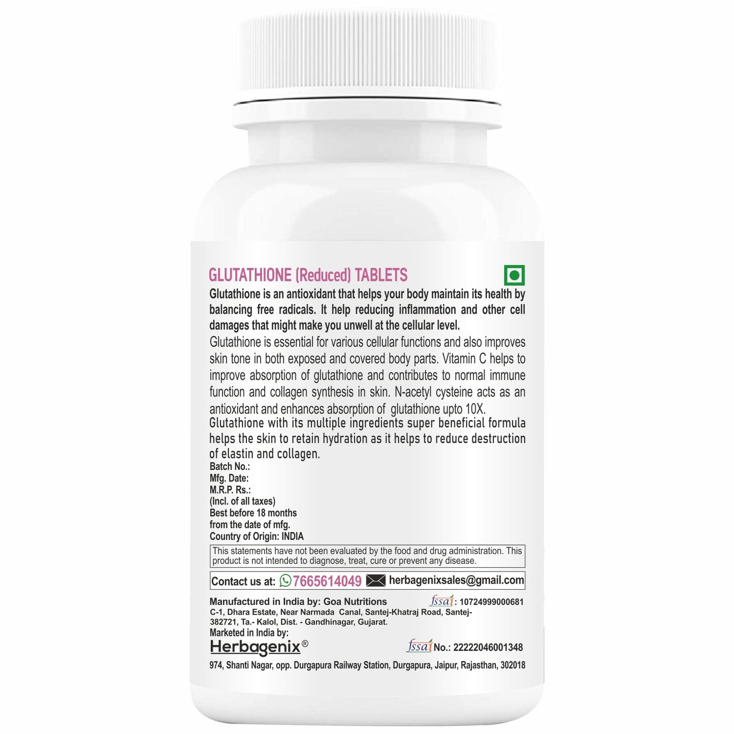 HERBAGENIX Glutathione Tablets For Skin Whitening For Women-60 Tablet