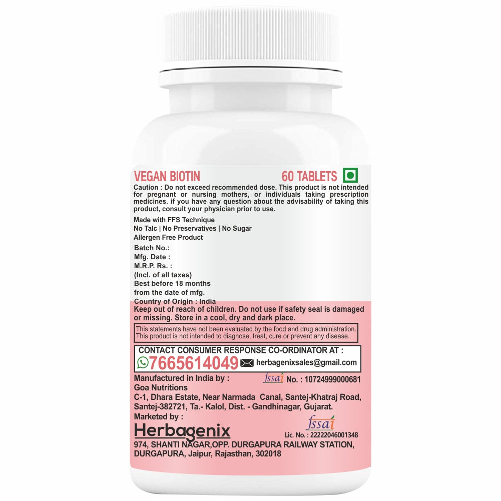 HERBAGENIX Biotin For Hair Growth Tablets - 120 Boitin Tablet (Pack 2)