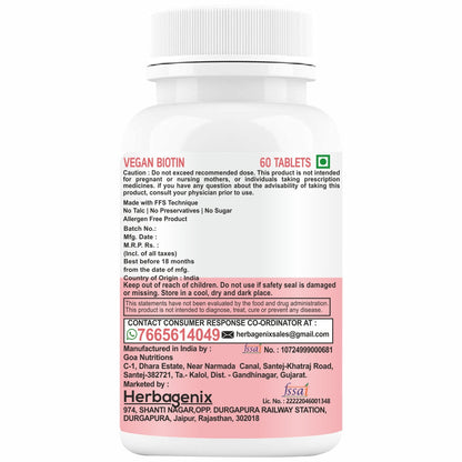 HERBAGENIX Biotin For Hair Growth Tablets - 120 Boitin Tablet (Pack 2)