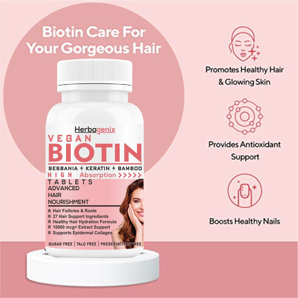 HERBAGENIX Biotin For Hair Growth Tablets - 120 Boitin Tablet (Pack 2)