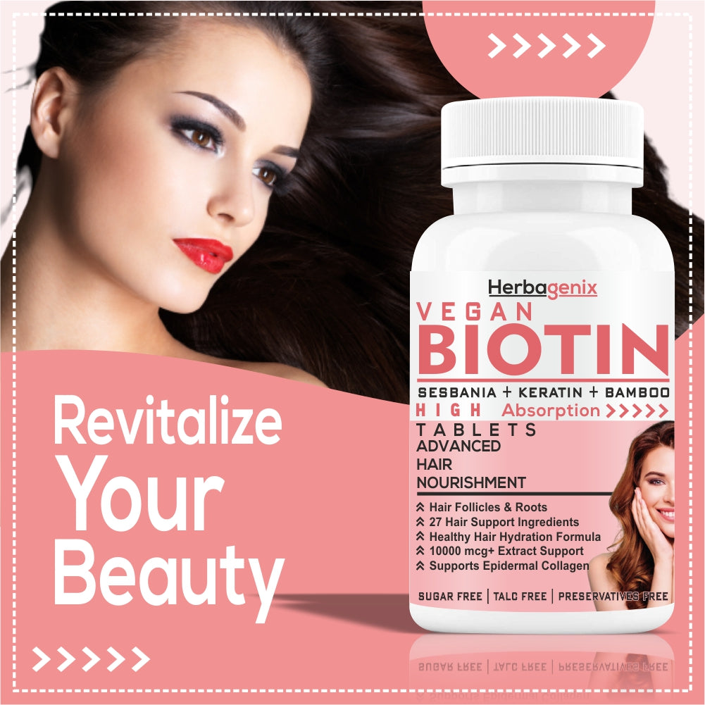 HERBAGENIX Biotin For Hair Growth Tablets - 120 Boitin Tablet (Pack 2)